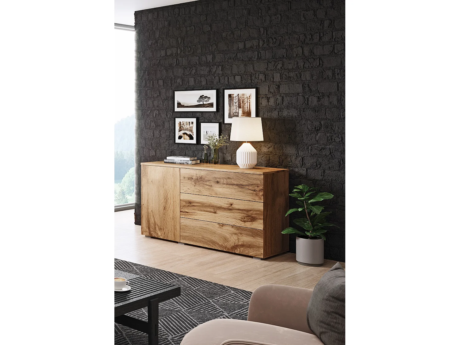 Buffet 110 cm mat pour salon – moderne avec 3 tiroirs et 1 porte chêne wotan