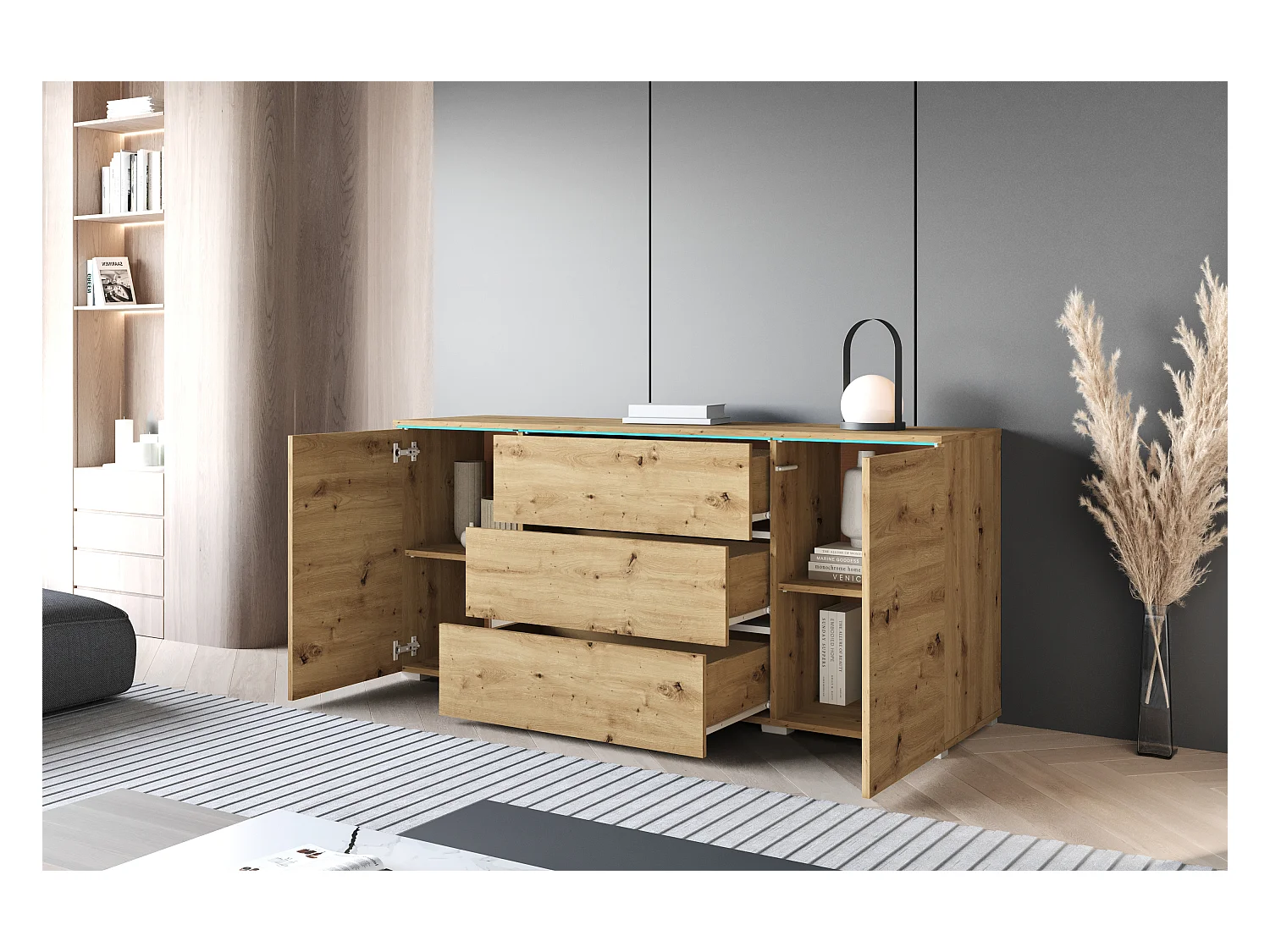 Modern dressoir 150 cm voor woonkamer mat 3 lades en 2 kastjes eik artisan