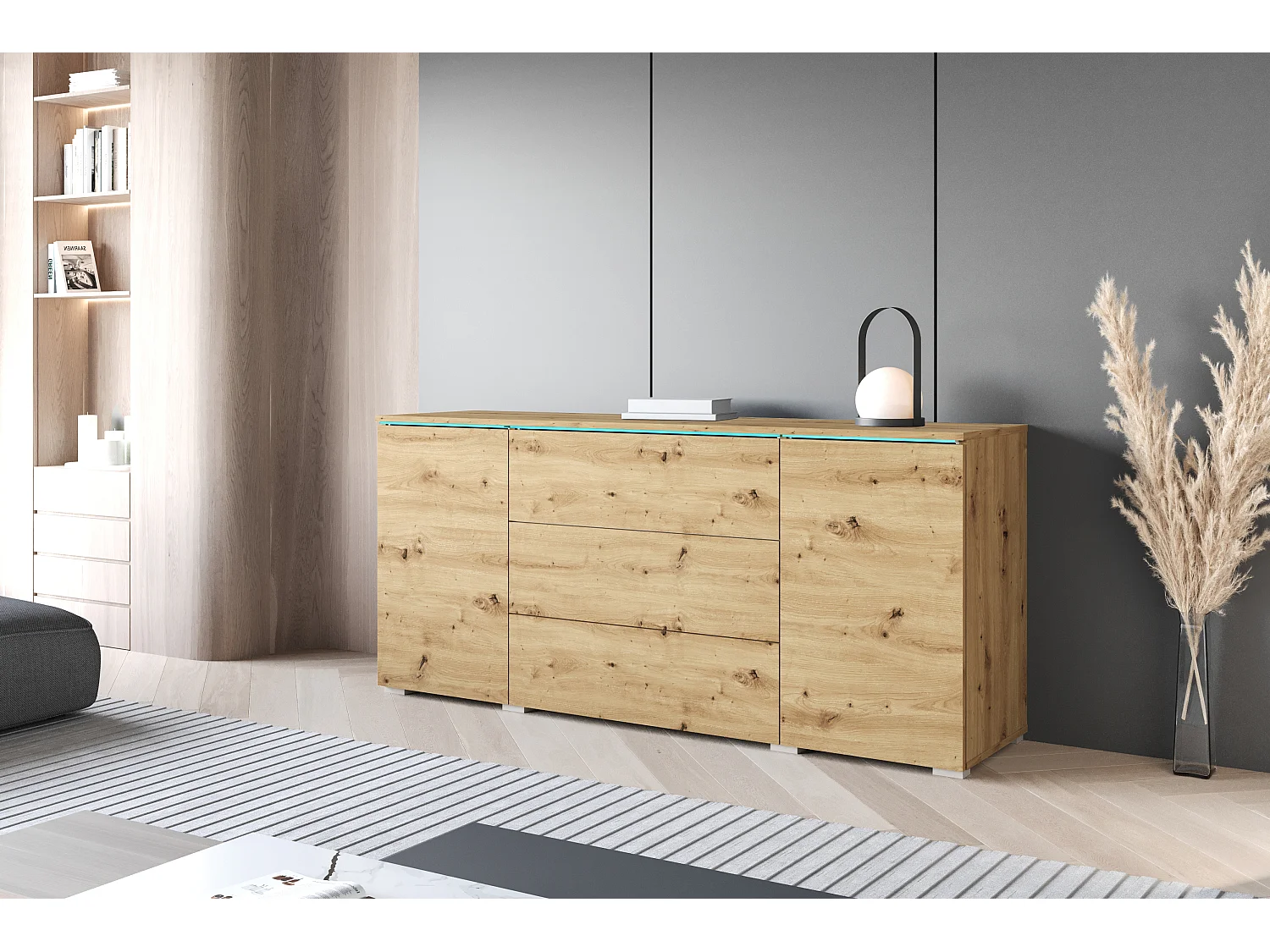 Buffet moderne 150 cm pour salon mat 3 tiroirs et 2 portes chêne artisan