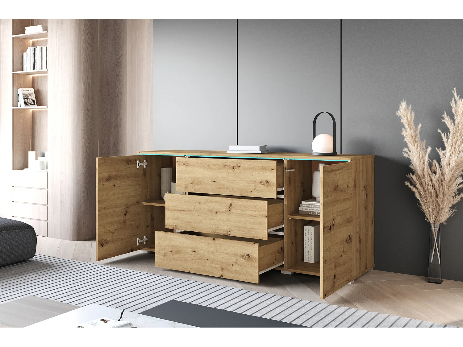 Buffet moderne 150 cm pour salon mat 3 tiroirs et 2 portes chêne artisan