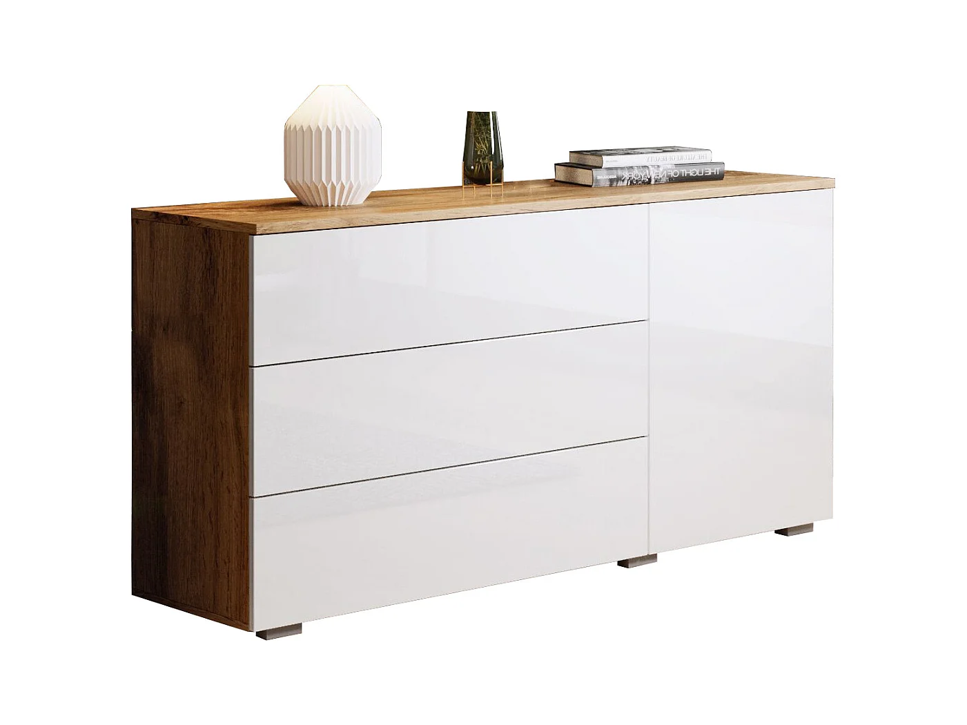 Dressoir 110 cm voor woonkamer – modern met 3 lades en 1 deur, corpus eik wotan mat en fronten wit hoogglans