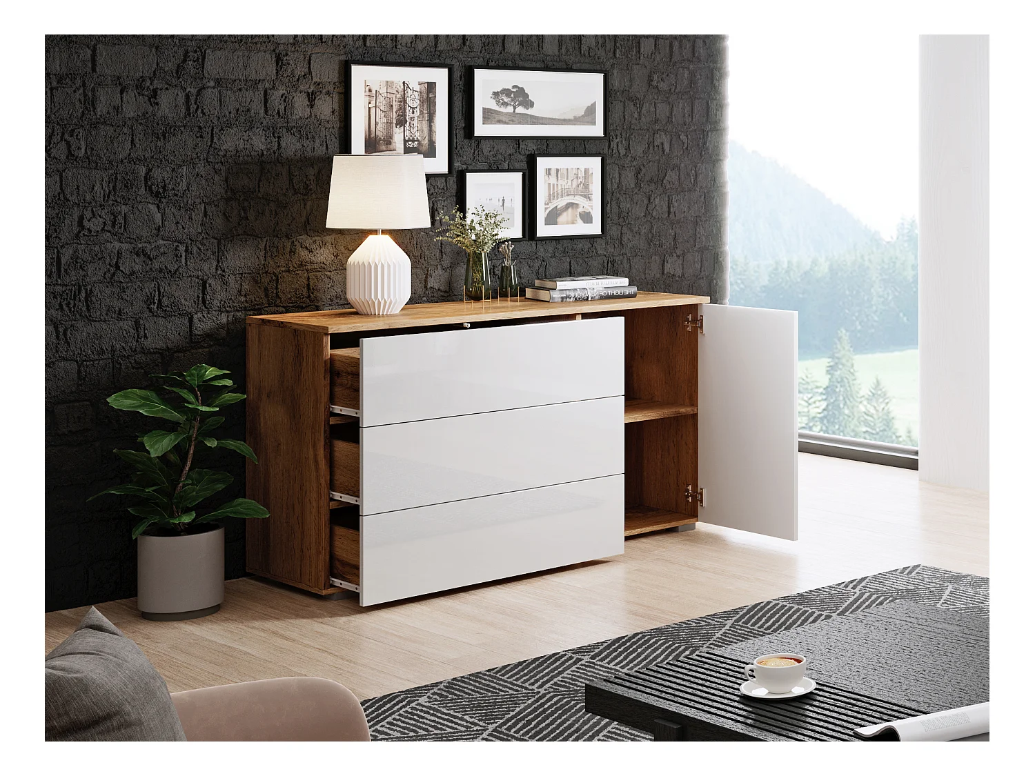 Dressoir 110 cm voor woonkamer – modern met 3 lades en 1 deur, corpus eik wotan mat en fronten wit hoogglans