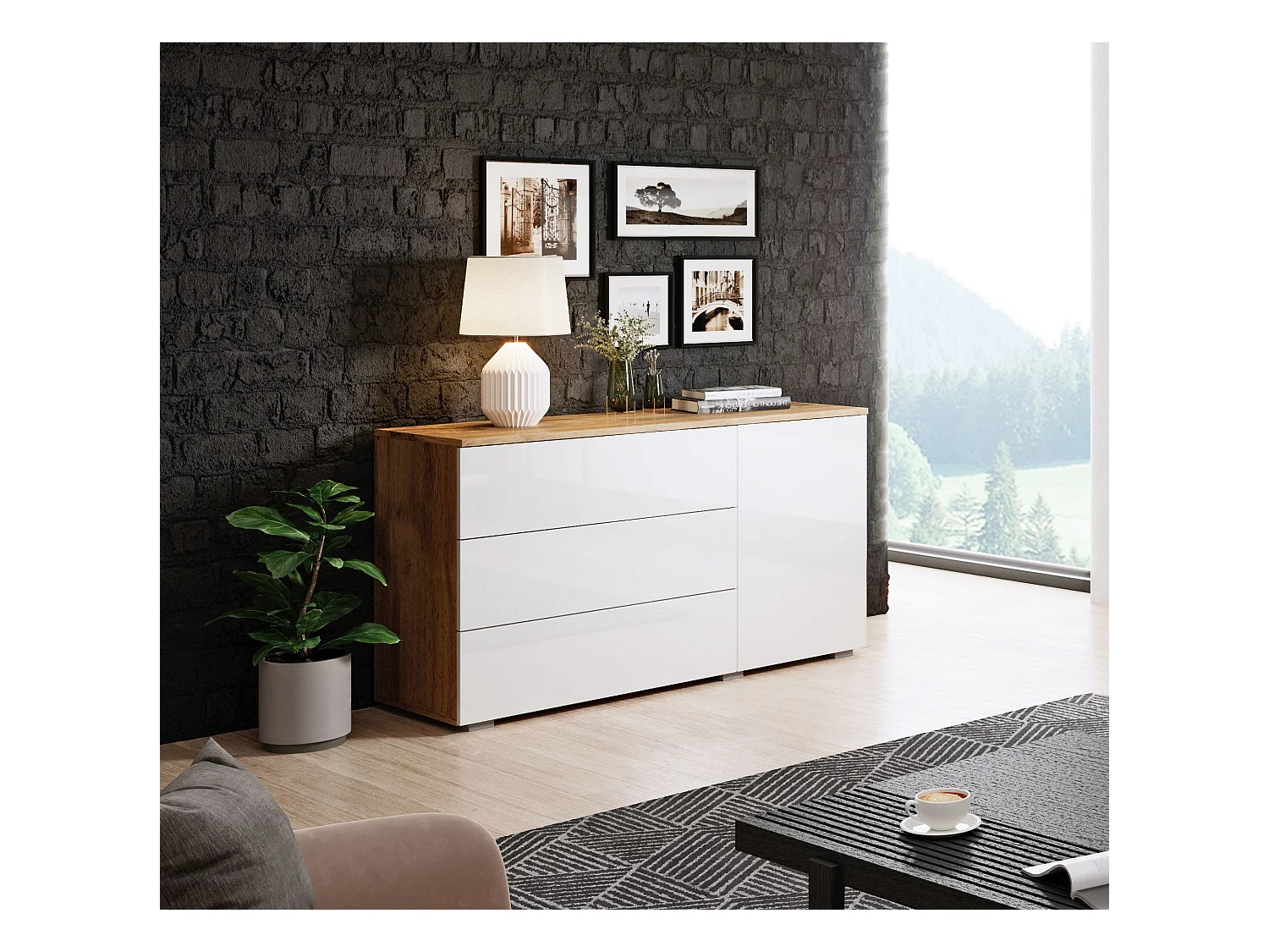 Buffet 110 cm pour salon – moderne avec 3 tiroirs et 1 porte, corps chêne wotan mat et façades blanc brillant