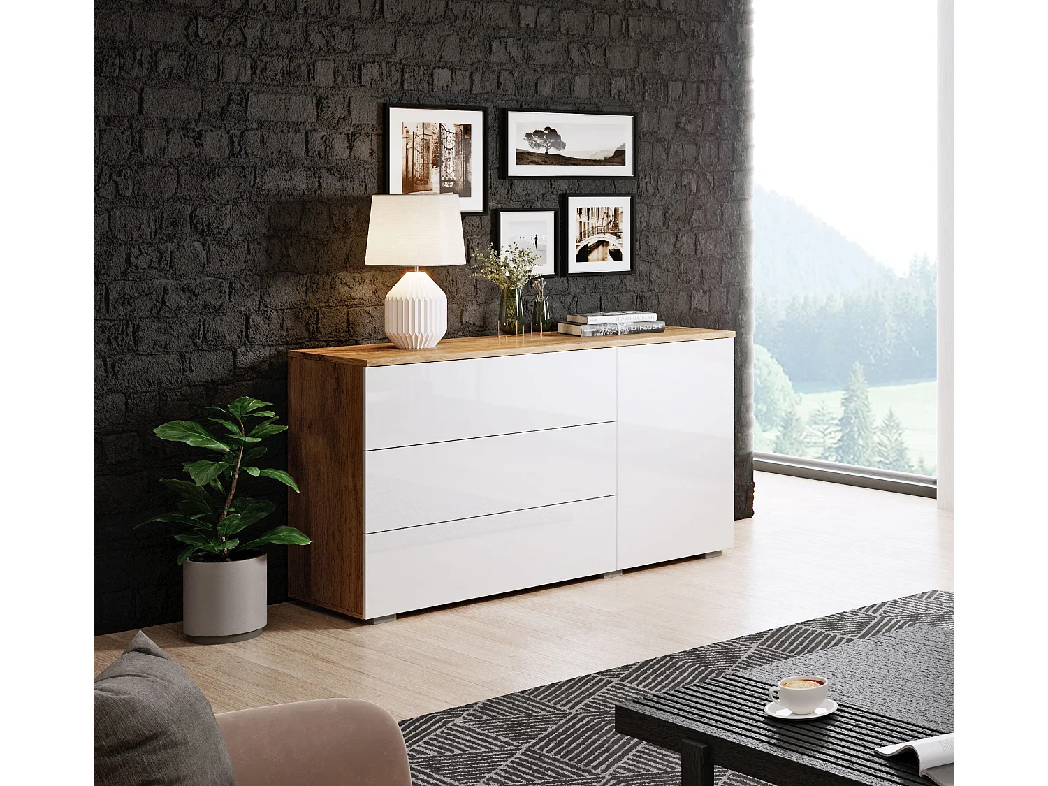 Komoda 110 cm do salonu – nowoczesna komoda z 3 szufladami i szafką, korpus wotan mat i fronty biały połysk