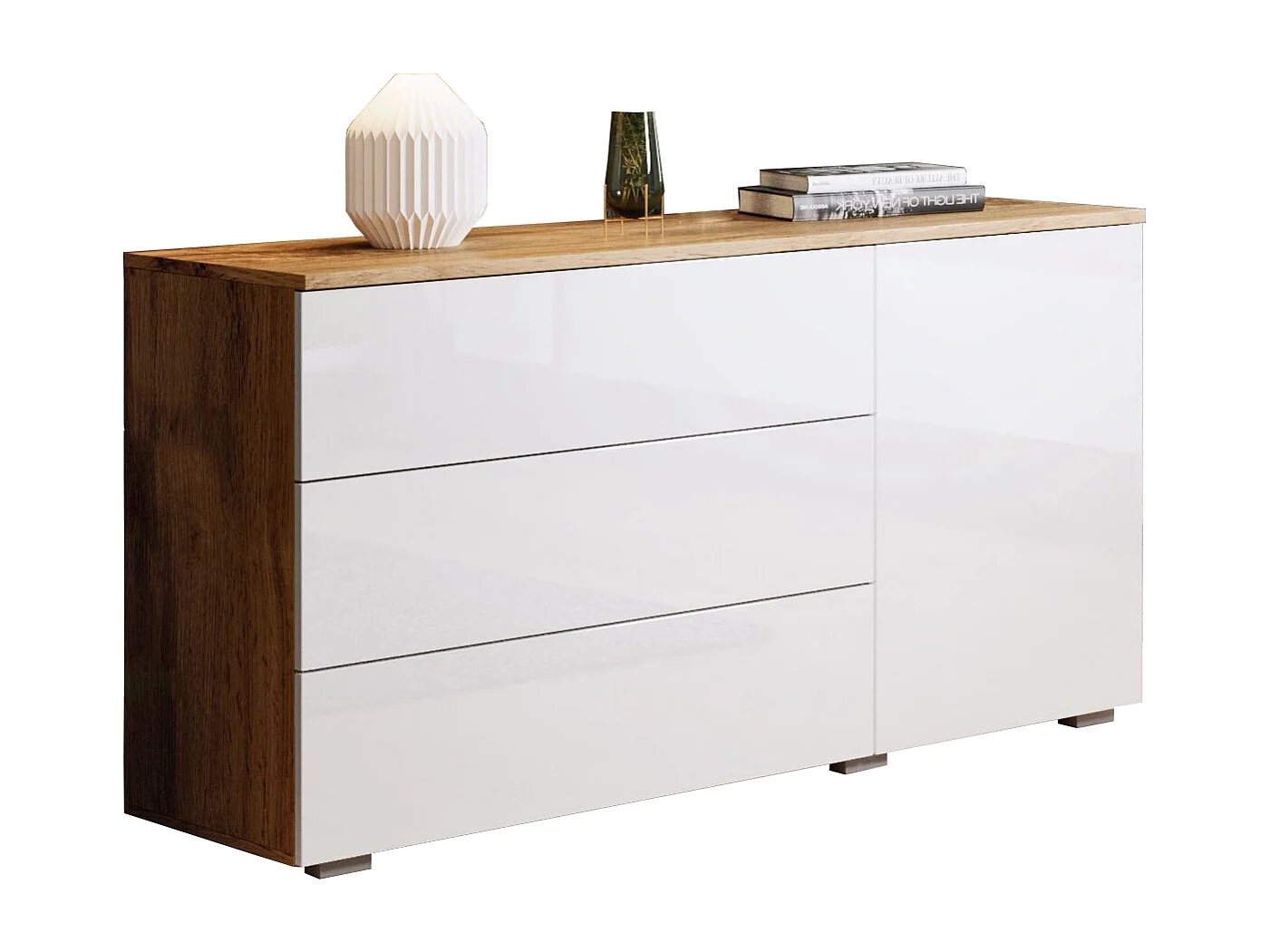 Komoda 110 cm do salonu – nowoczesna komoda z 3 szufladami i szafką, korpus wotan mat i fronty biały połysk