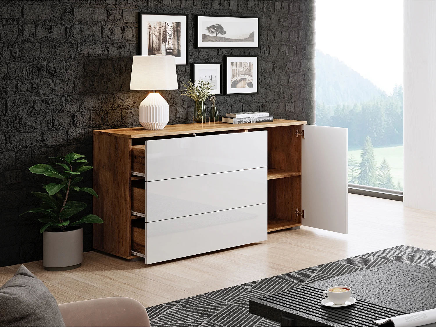 Komoda 110 cm do salonu – nowoczesna komoda z 3 szufladami i szafką, korpus wotan mat i fronty biały połysk