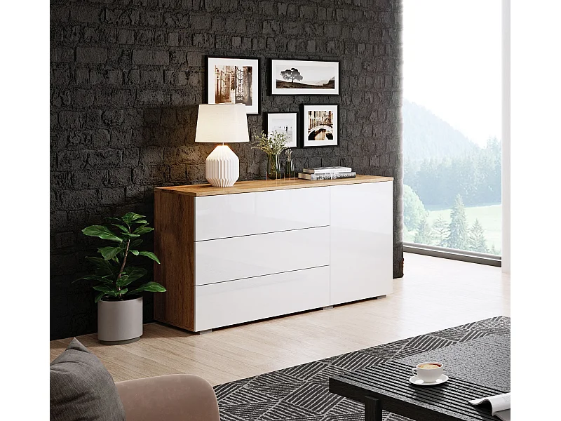 Aparador 110 cm para sala – moderno com 3 gavetas e 1 porta, corpo carvalho wotan mate e frentes branco brilho