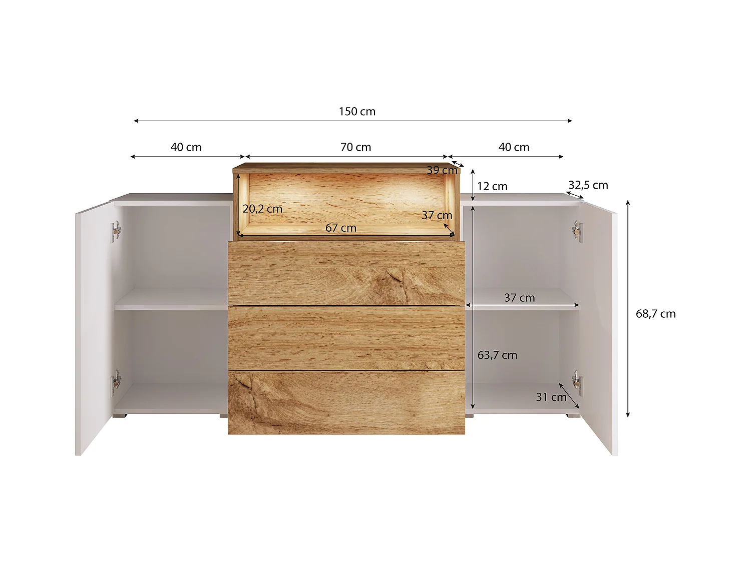 Buffet 150 cm pour salon – moderne, sur pied avec 3 tiroirs, niche et portes latérales, corps chêne wotan mat et façades wotan + blanc brillant