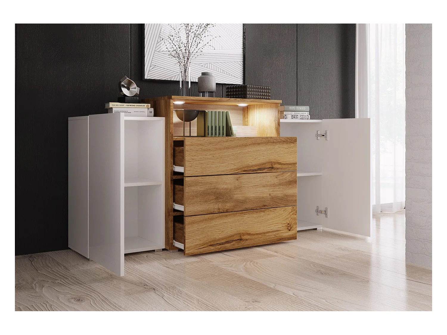 Buffet 150 cm pour salon – moderne, sur pied avec 3 tiroirs, niche et portes latérales, corps chêne wotan mat et façades wotan + blanc brillant