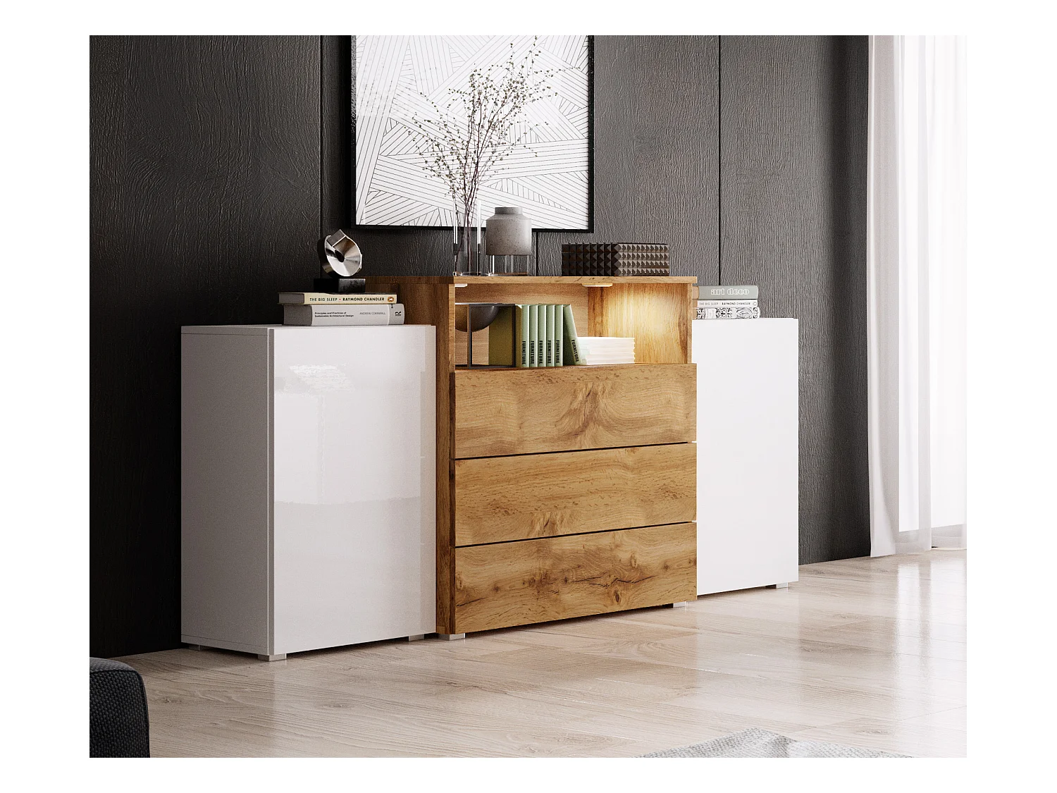 Dressoir 150 cm voor woonkamer – modern, staand met 3 lades, open vak en zijdeuren, corpus eik wotan mat en fronten wotan + wit hoogglans