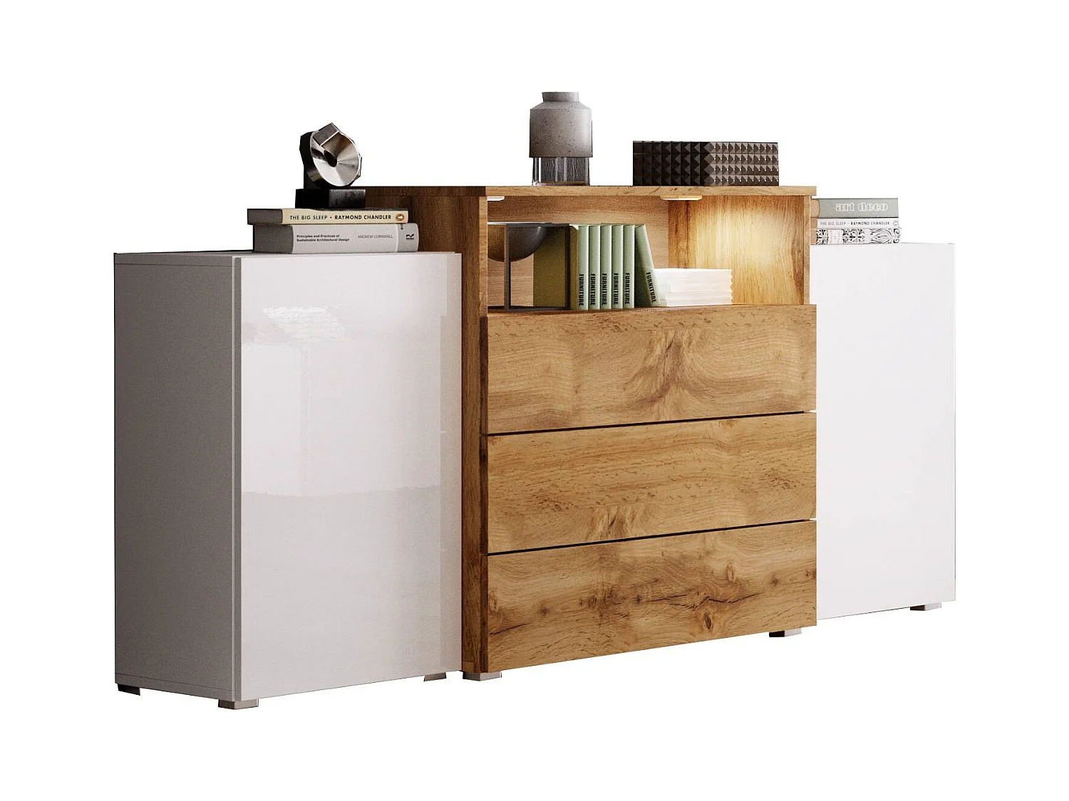 Dressoir 150 cm voor woonkamer – modern, staand met 3 lades, open vak en zijdeuren, corpus eik wotan mat en fronten wotan + wit hoogglans