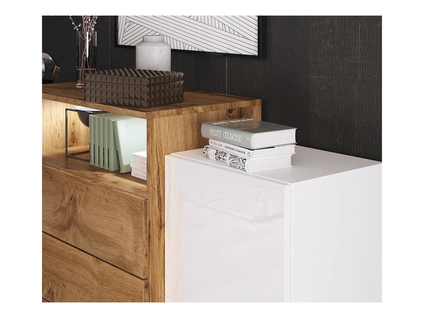 Dressoir 150 cm voor woonkamer – modern, staand met 3 lades, open vak en zijdeuren, corpus eik wotan mat en fronten wotan + wit hoogglans