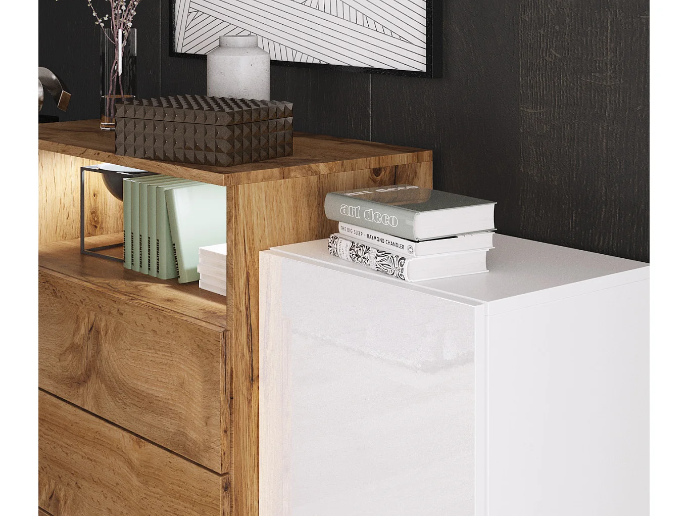 Dressoir 150 cm voor woonkamer – modern, staand met 3 lades, open vak en zijdeuren, corpus eik wotan mat en fronten wotan + wit hoogglans