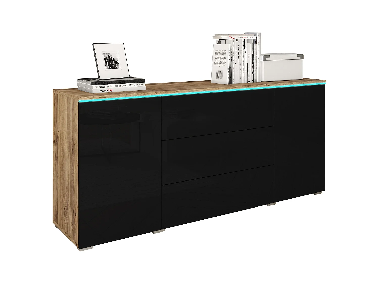 Aparador moderno 150 cm para salón 3 cajones y 2 puertas cuerpo roble wotan mate y frentes negro brillo