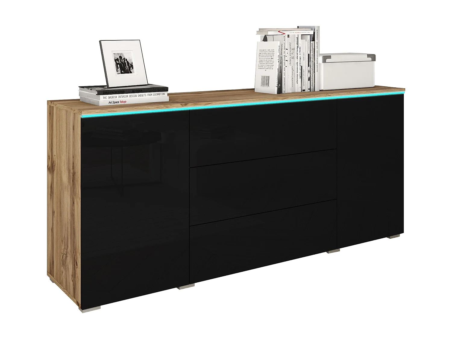 Buffet moderne 150 cm pour salon 3 tiroirs et 2 portes corps chêne wotan mat et façades noir brillant