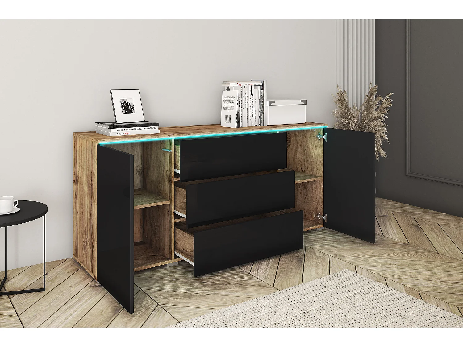 Buffet moderne 150 cm pour salon 3 tiroirs et 2 portes corps chêne wotan mat et façades noir brillant