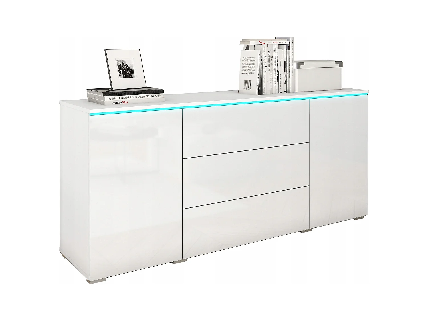 Modern dressoir 150 cm voor woonkamer 3 lades en 2 kastjes corpus wit mat en fronten wit hoogglans