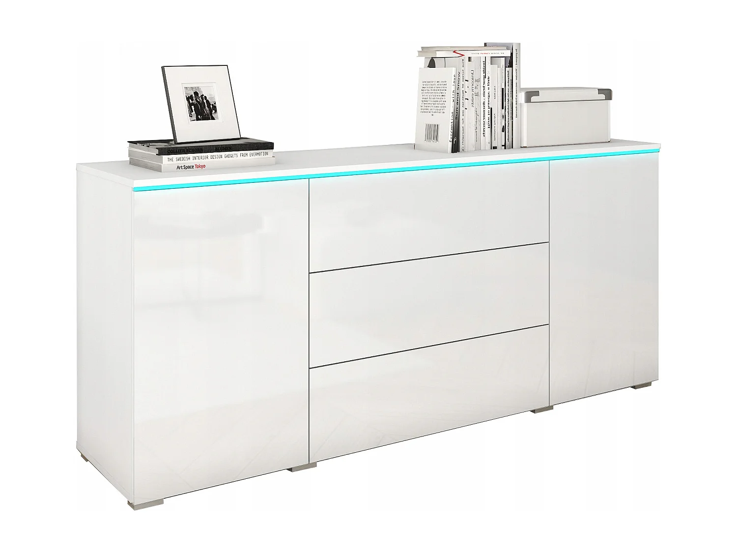 Buffet moderne 150 cm pour salon 3 tiroirs et 2 portes corps blanc mat et façades blanc brillant
