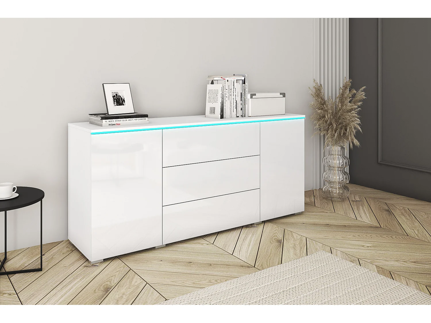 Buffet moderne 150 cm pour salon 3 tiroirs et 2 portes corps blanc mat et façades blanc brillant