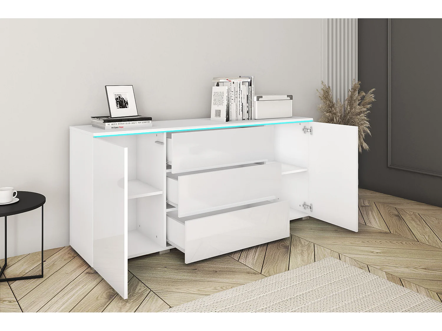 Buffet moderne 150 cm pour salon 3 tiroirs et 2 portes corps blanc mat et façades blanc brillant