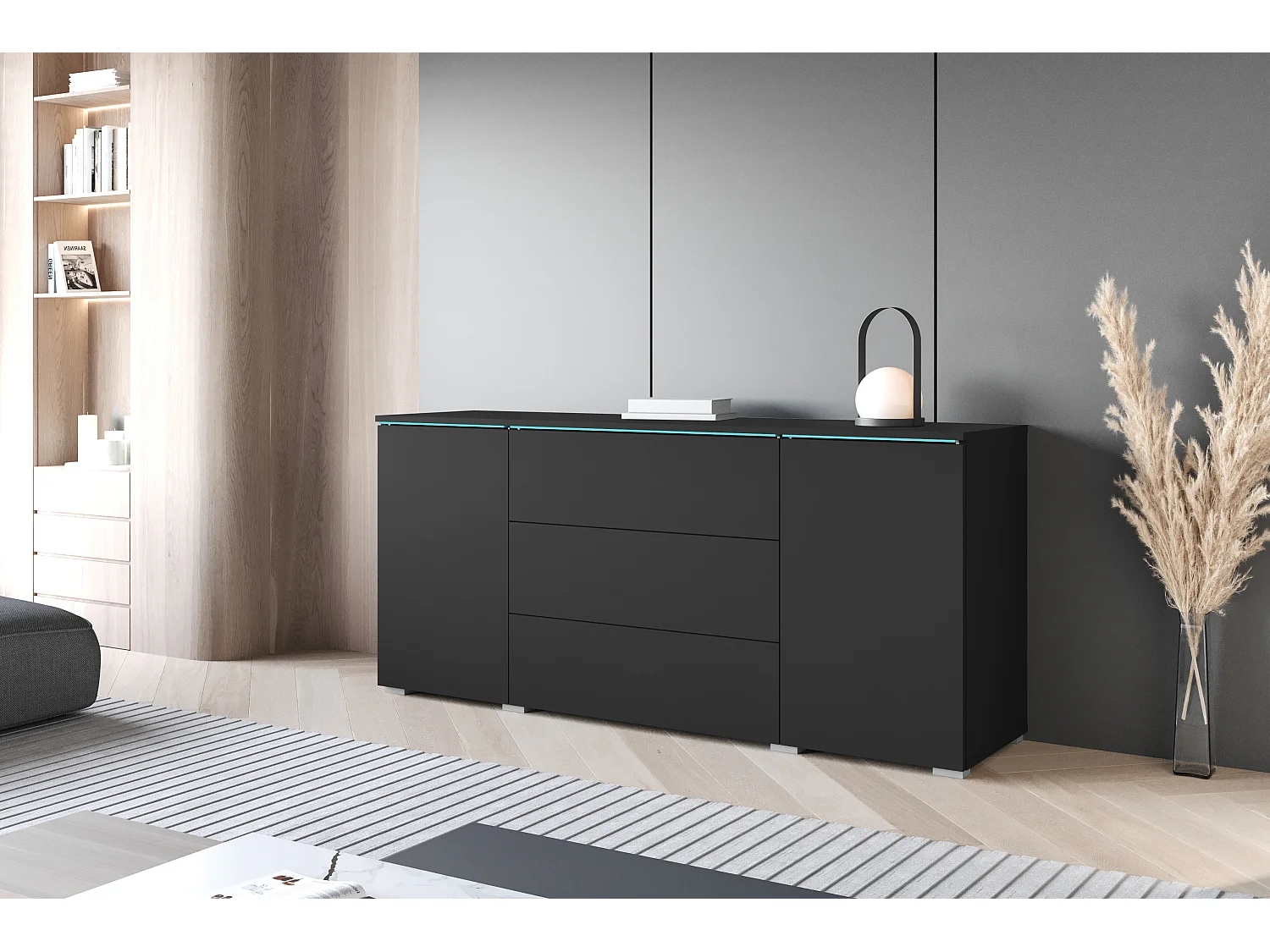 Buffet moderne 150 cm pour salon mat 3 tiroirs et 2 portes graphite noir