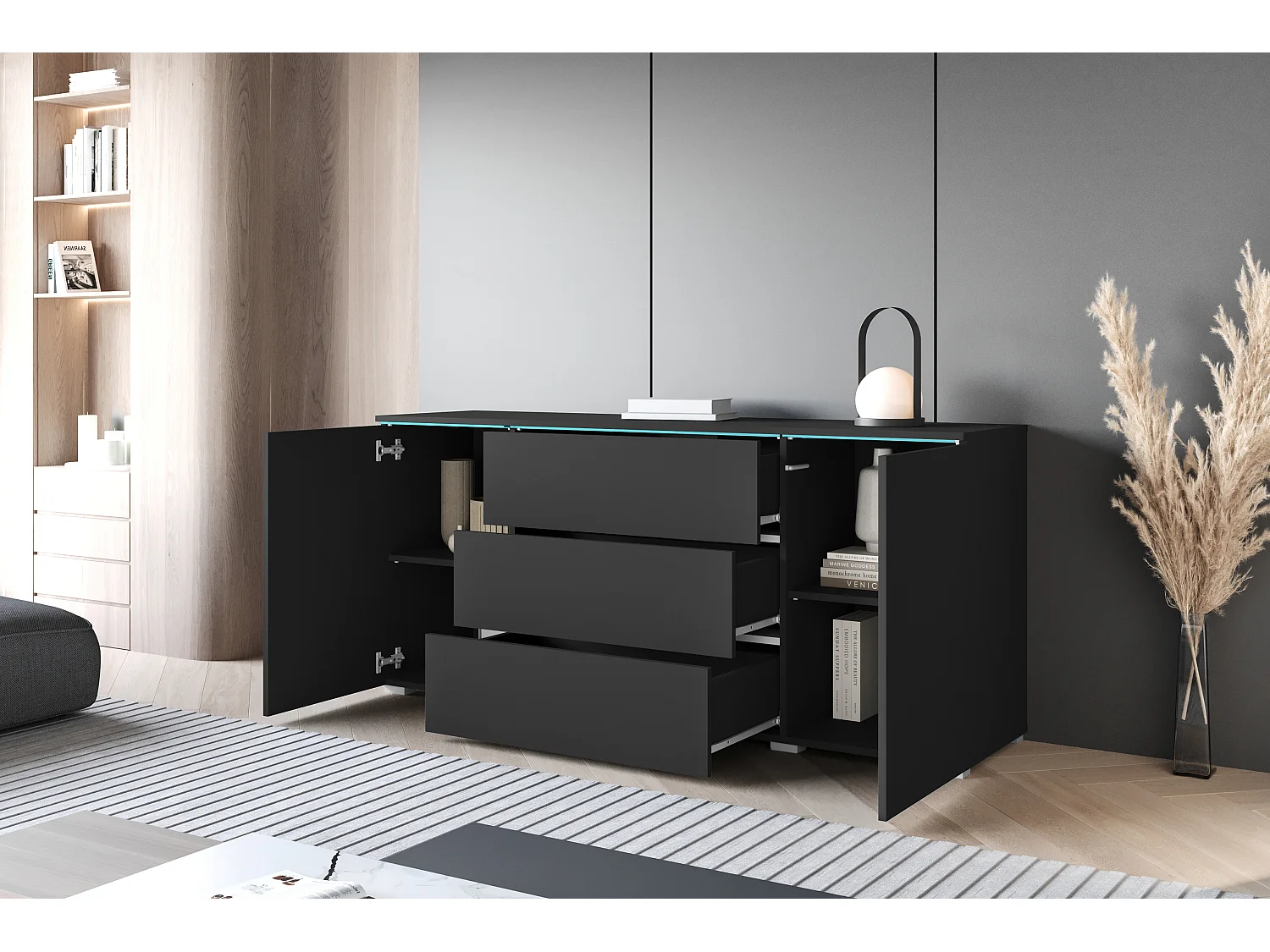 Buffet moderne 150 cm pour salon mat 3 tiroirs et 2 portes graphite noir