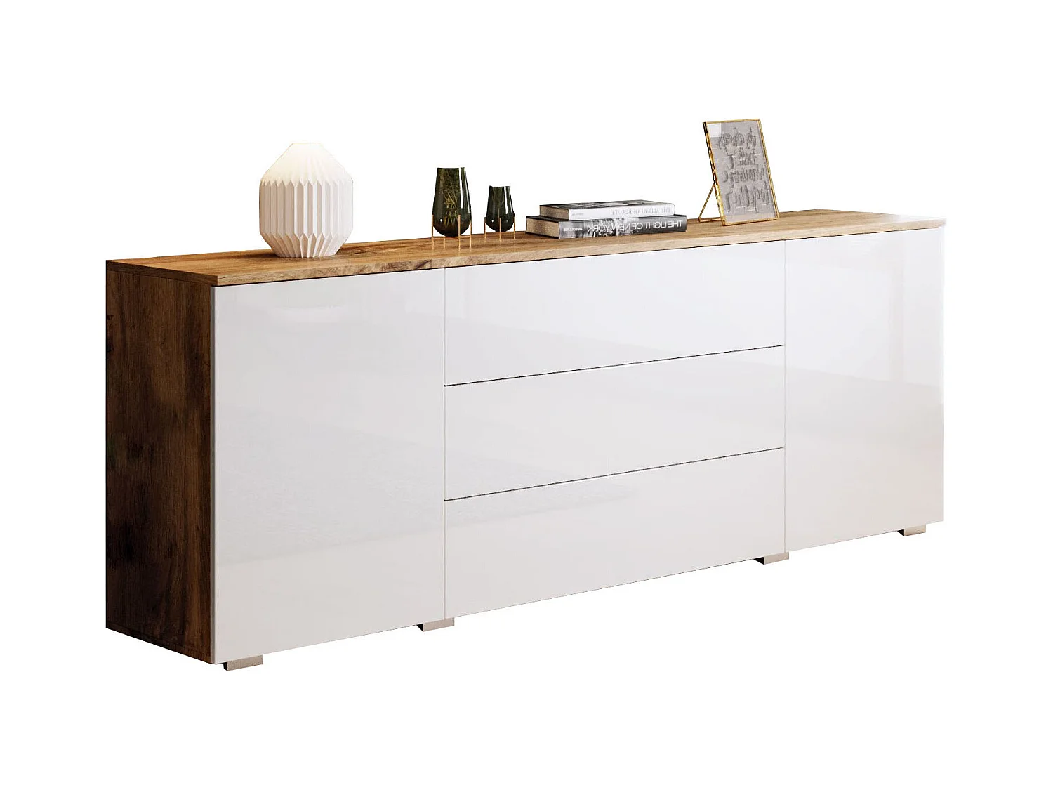 Komoda 150 cm do salonu – nowoczesna komoda z szufladami i szafkami, korpus wotan mat i fronty biały połysk