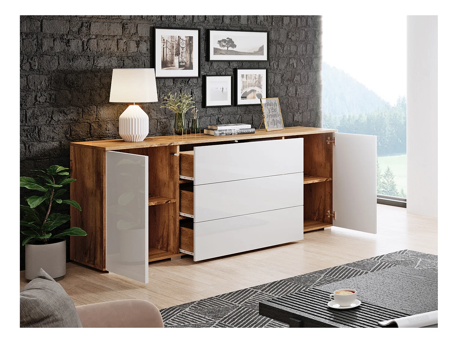 Komoda 150 cm do salonu – nowoczesna komoda z szufladami i szafkami, korpus wotan mat i fronty biały połysk