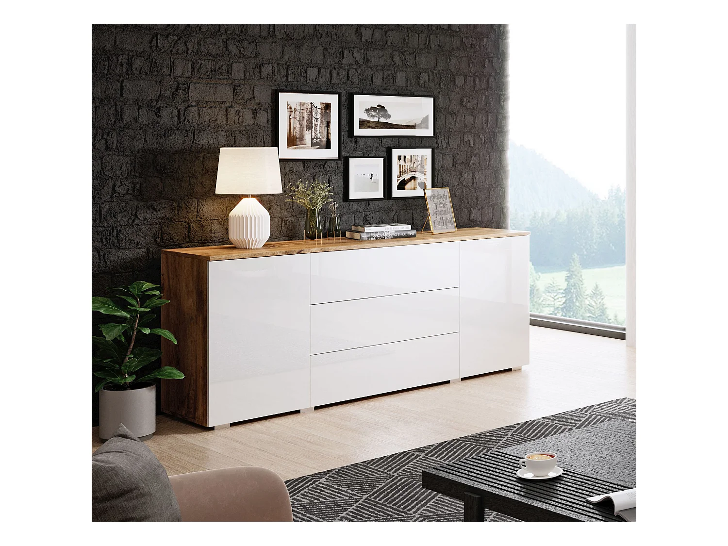 Buffet 150 cm pour salon – moderne avec tiroirs et portes, corps chêne wotan mat et façades blanc brillant