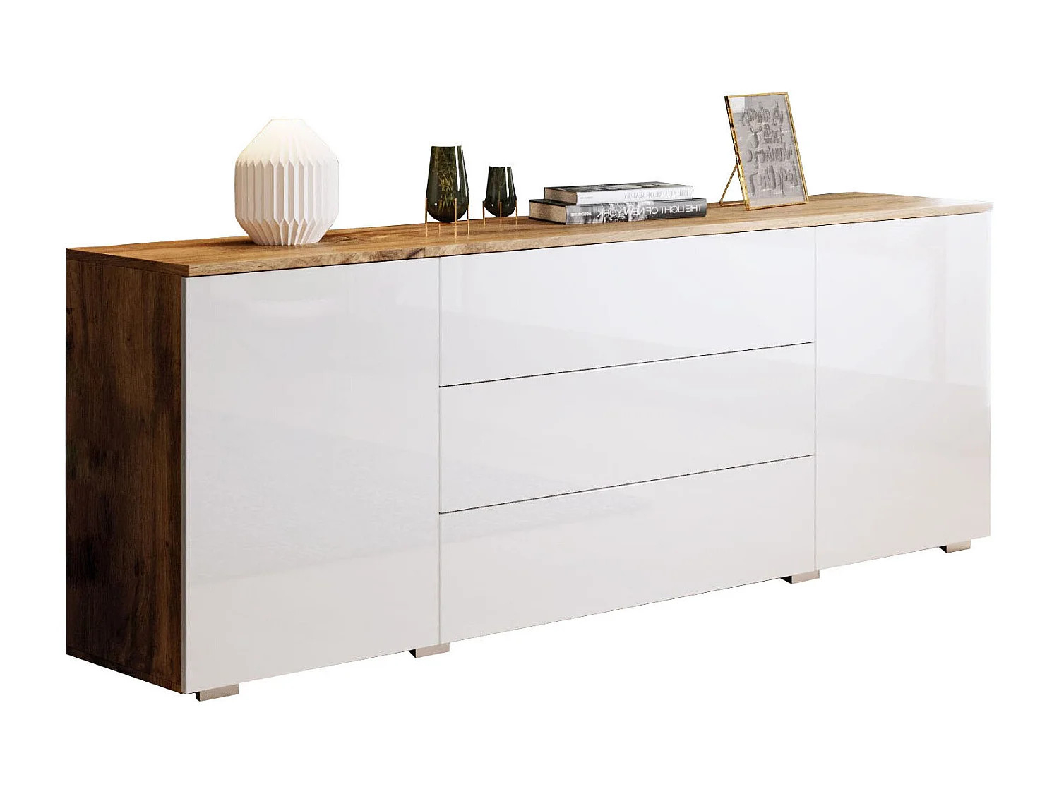 Buffet 150 cm pour salon – moderne avec tiroirs et portes, corps chêne wotan mat et façades blanc brillant