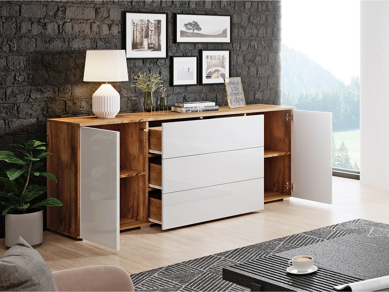 Buffet 150 cm pour salon – moderne avec tiroirs et portes, corps chêne wotan mat et façades blanc brillant