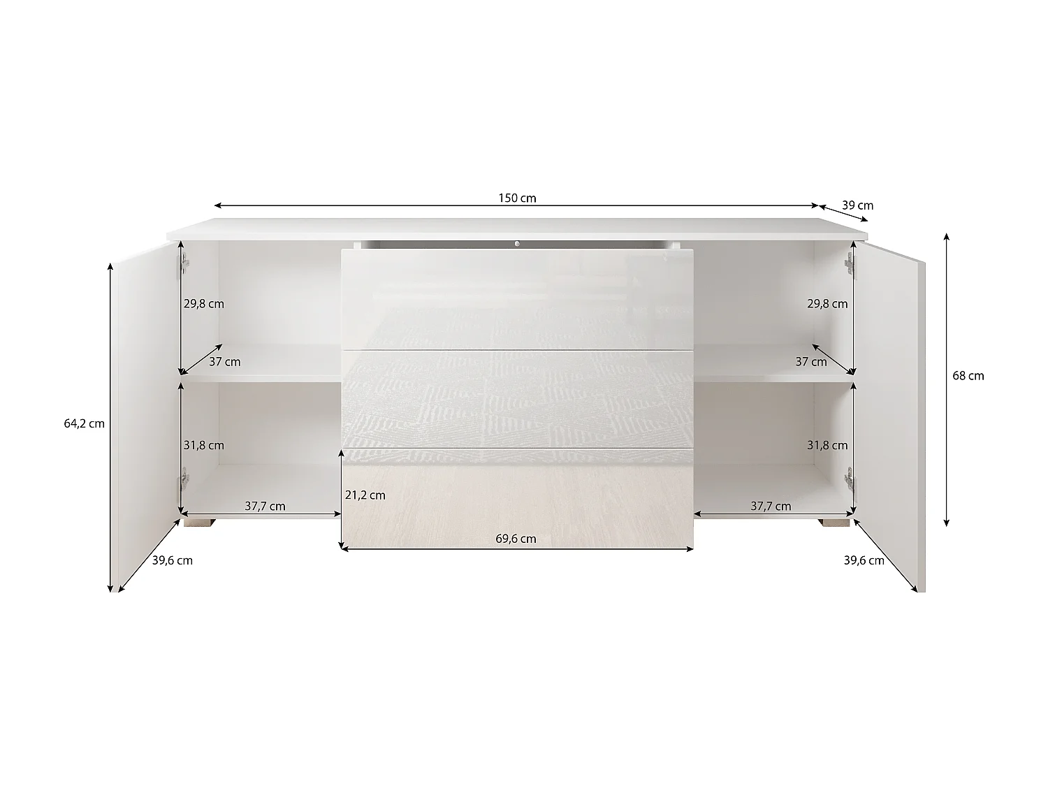 Buffet 150 cm pour salon – moderne avec tiroirs et portes, corps chêne wotan mat et façades blanc brillant