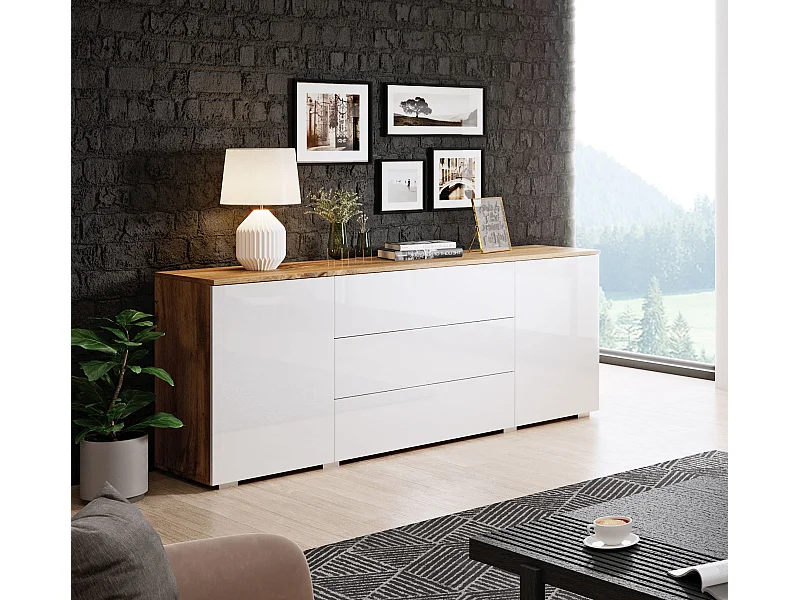 Buffet 150 cm pour salon – moderne avec tiroirs et portes, corps chêne wotan mat et façades blanc brillant