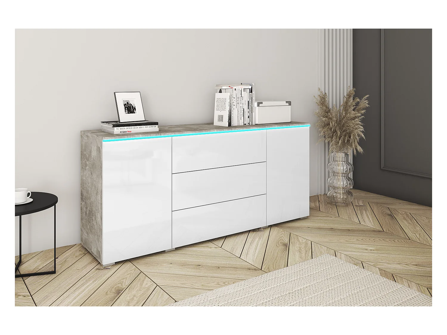 Buffet moderne 150 cm pour salon 3 tiroirs et 2 portes corps béton mat et façades blanc brillant