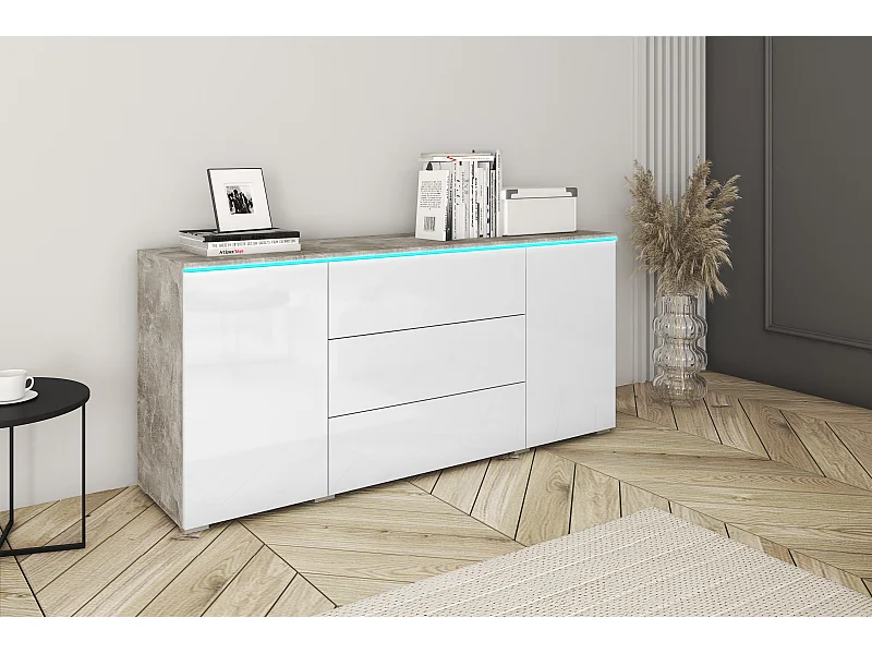 Aparador moderno 150 cm para sala 3 gavetas e 2 portas corpo betão mate e frentes branco brilho