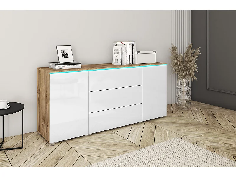 Aparador moderno 150 cm para salón 3 cajones y 2 puertas cuerpo roble wotan mate y frentes blanco brillo