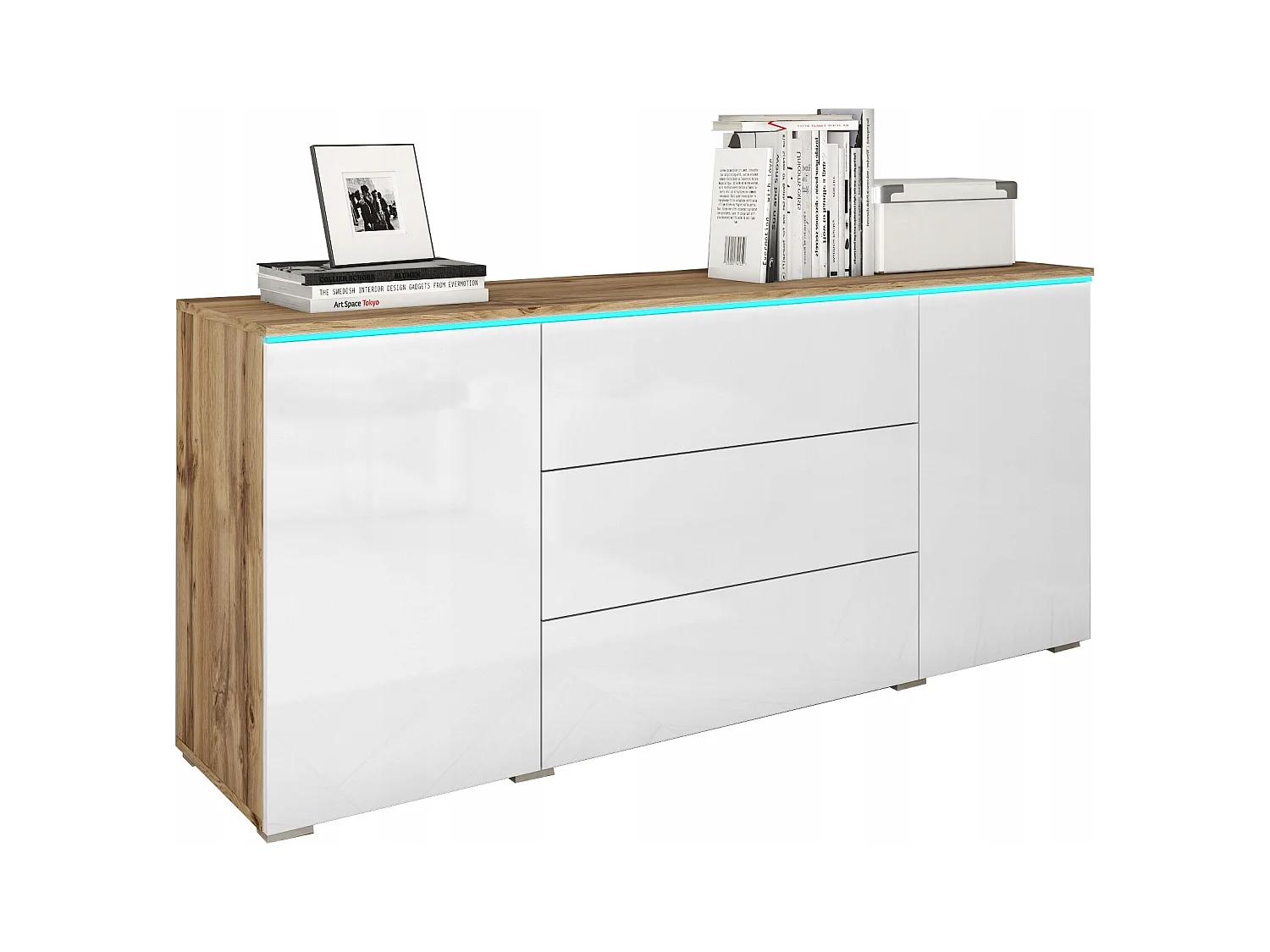 Madia moderna 150 cm per soggiorno 3 cassetti e 2 ante corpo rovere wotan opaco e frontali bianco lucido