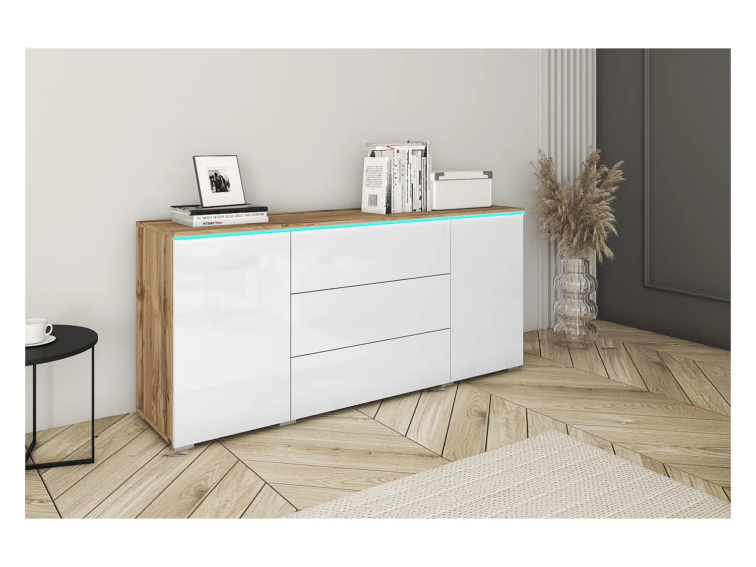 Buffet moderne 150 cm pour salon 3 tiroirs et 2 portes corps chêne wotan mat et façades blanc brillant
