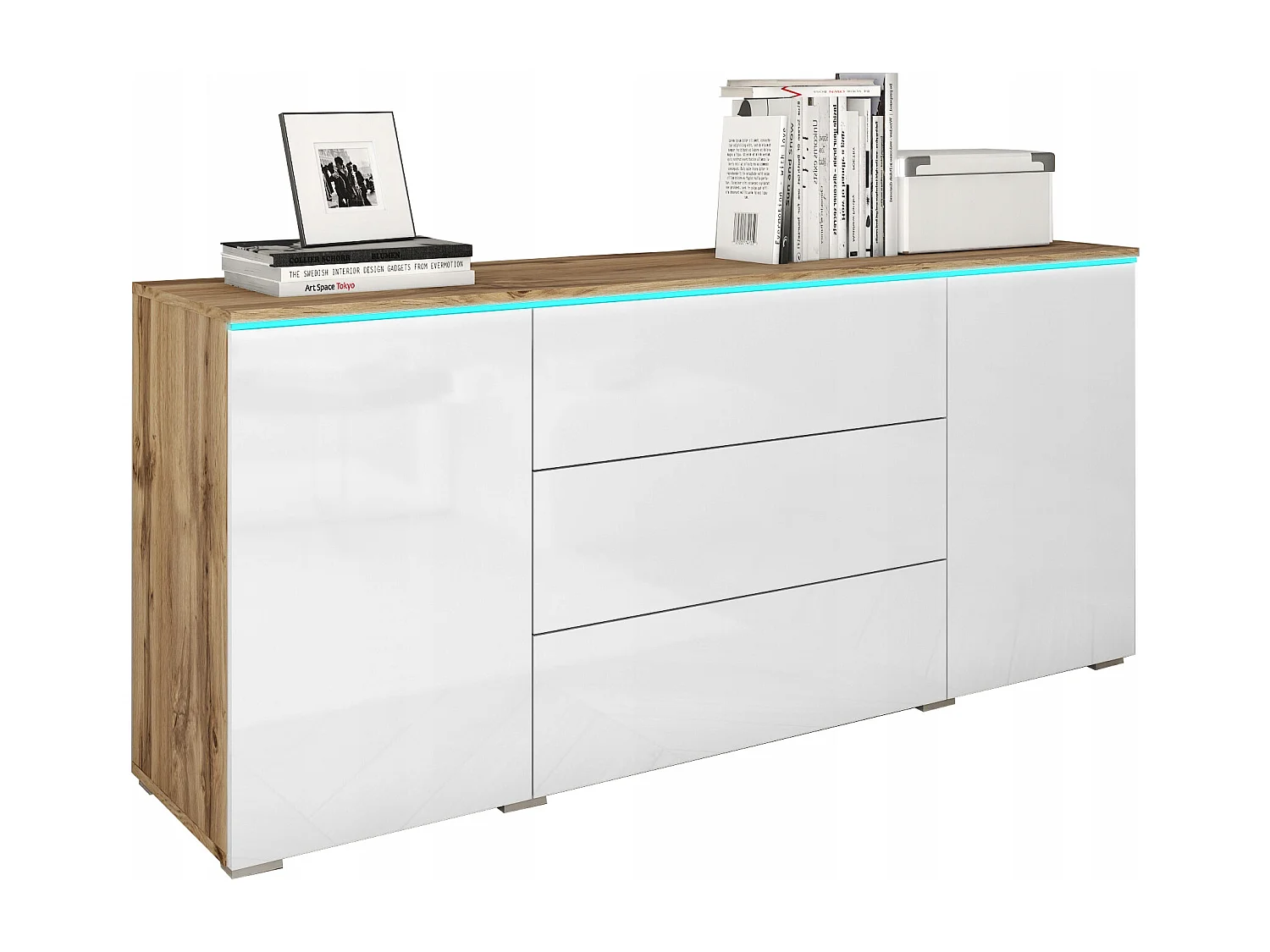 Buffet moderne 150 cm pour salon 3 tiroirs et 2 portes corps chêne wotan mat et façades blanc brillant