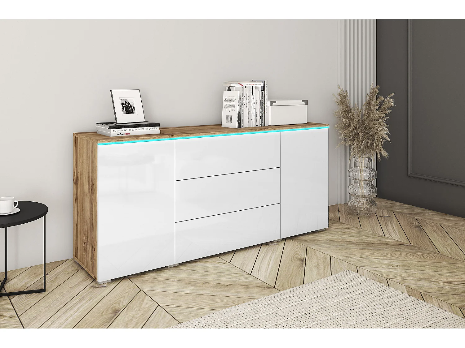 Buffet moderne 150 cm pour salon 3 tiroirs et 2 portes corps chêne wotan mat et façades blanc brillant