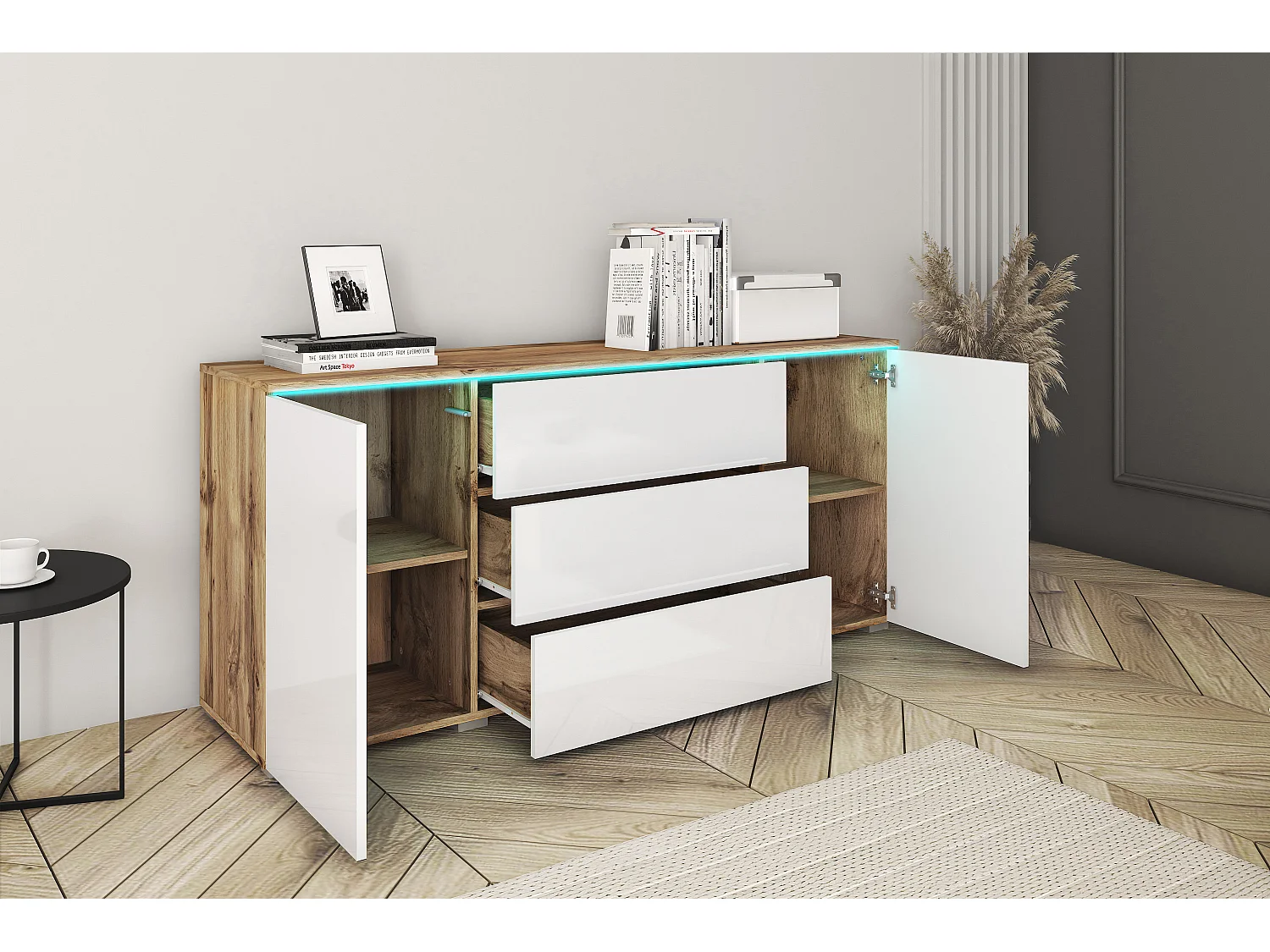 Buffet moderne 150 cm pour salon 3 tiroirs et 2 portes corps chêne wotan mat et façades blanc brillant