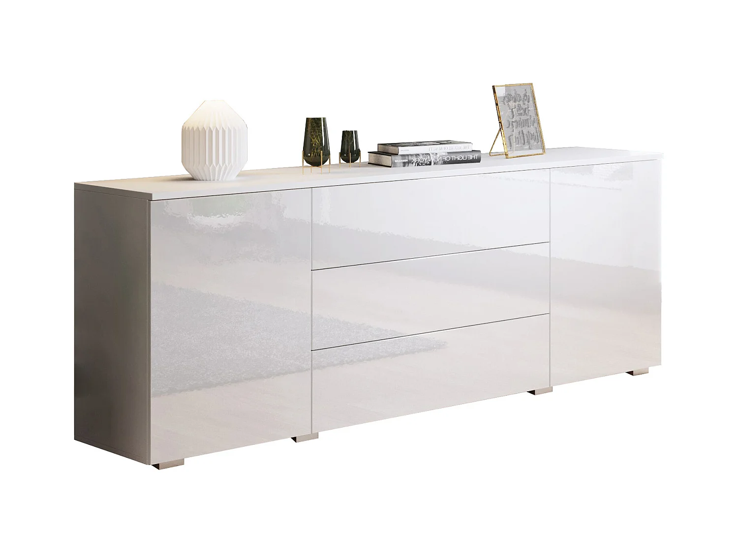 Dressoir 150 cm voor woonkamer – modern met lades en deuren, corpus wit mat en fronten wit hoogglans
