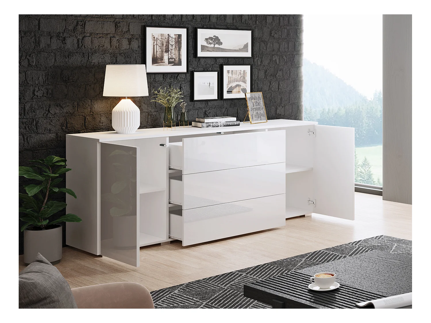 Dressoir 150 cm voor woonkamer – modern met lades en deuren, corpus wit mat en fronten wit hoogglans