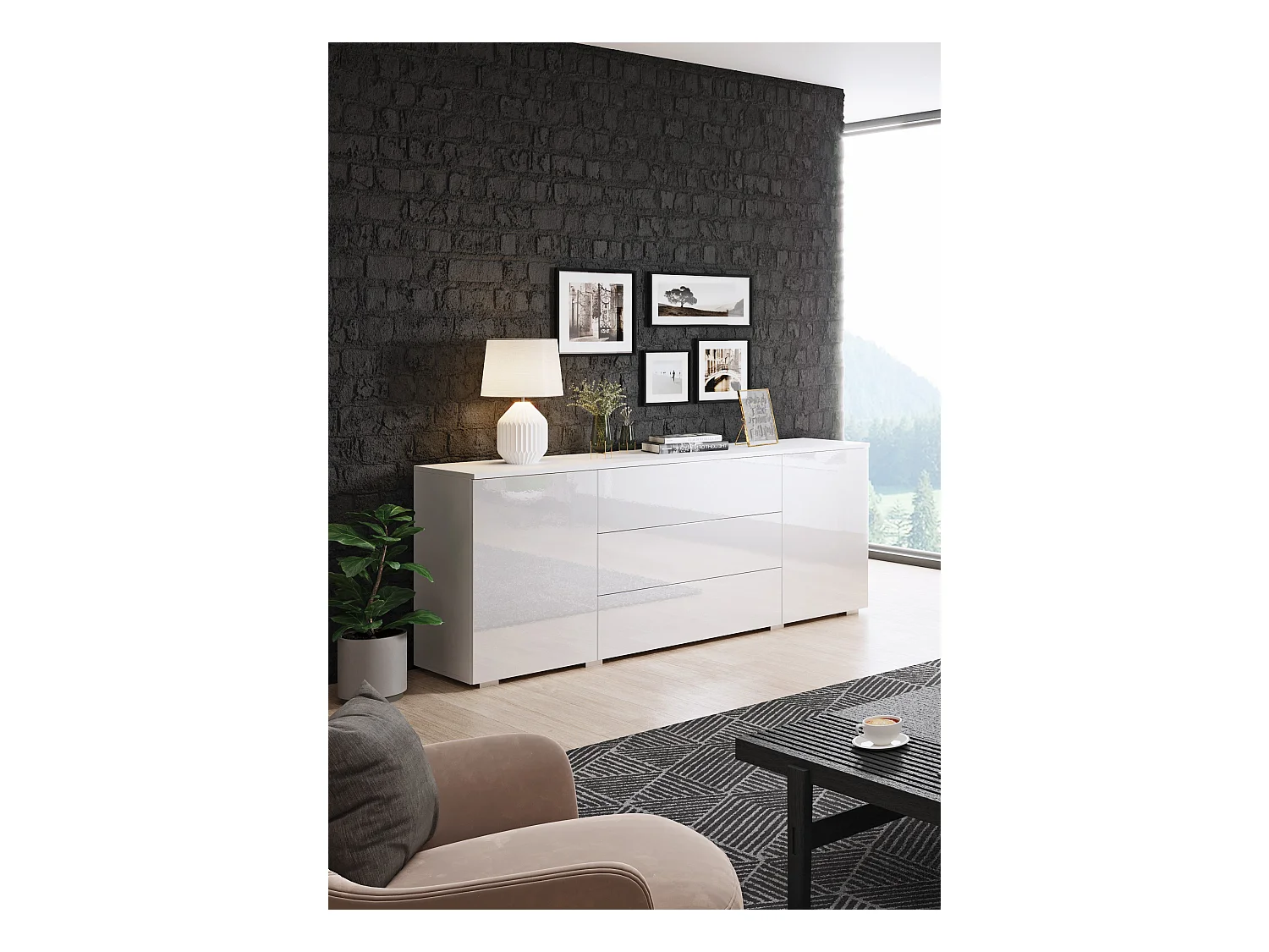 Buffet 150 cm pour salon – moderne avec tiroirs et portes, corps blanc mat et façades blanc brillant