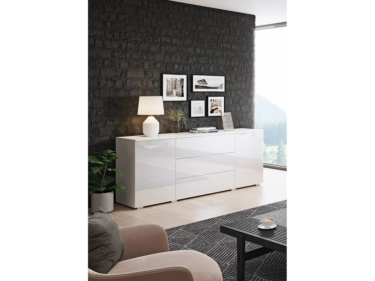 Dressoir 150 cm voor woonkamer – modern met lades en deuren, corpus wit mat en fronten wit hoogglans