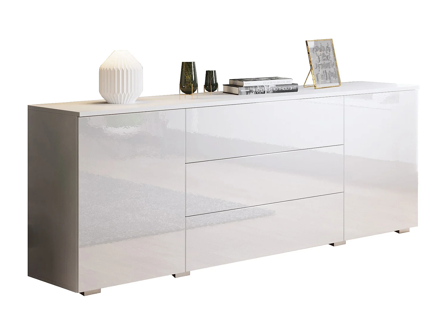 Dressoir 150 cm voor woonkamer – modern met lades en deuren, corpus wit mat en fronten wit hoogglans