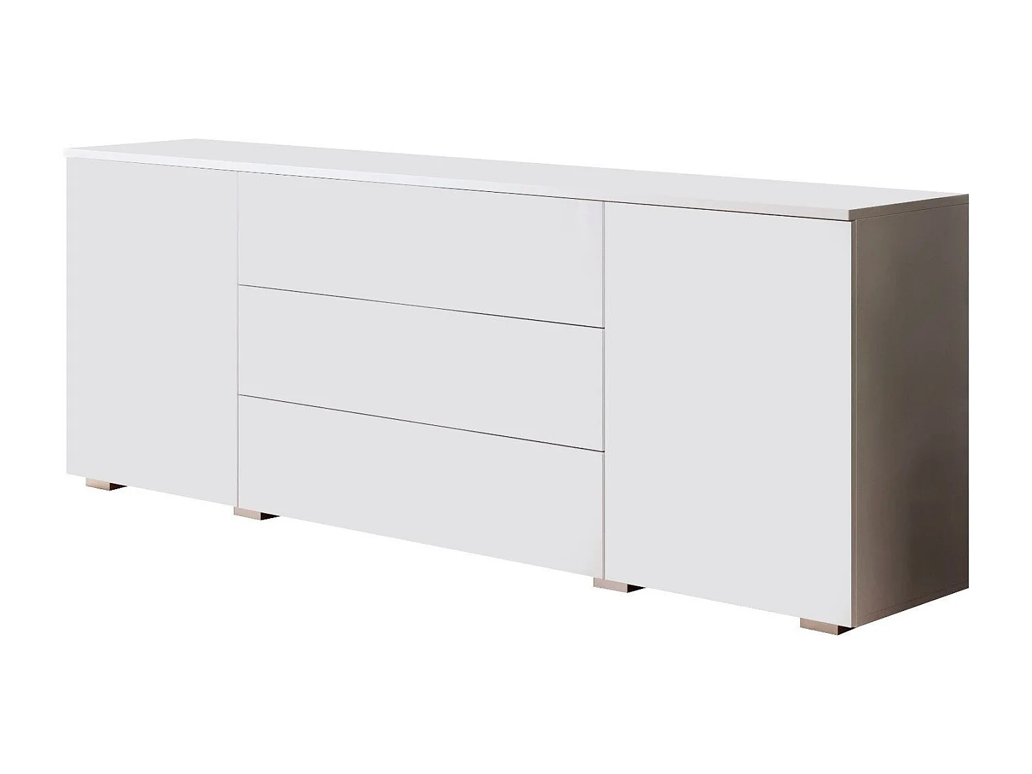 Buffet 150 cm pour salon – moderne avec tiroirs et portes, corps blanc mat et façades blanc brillant