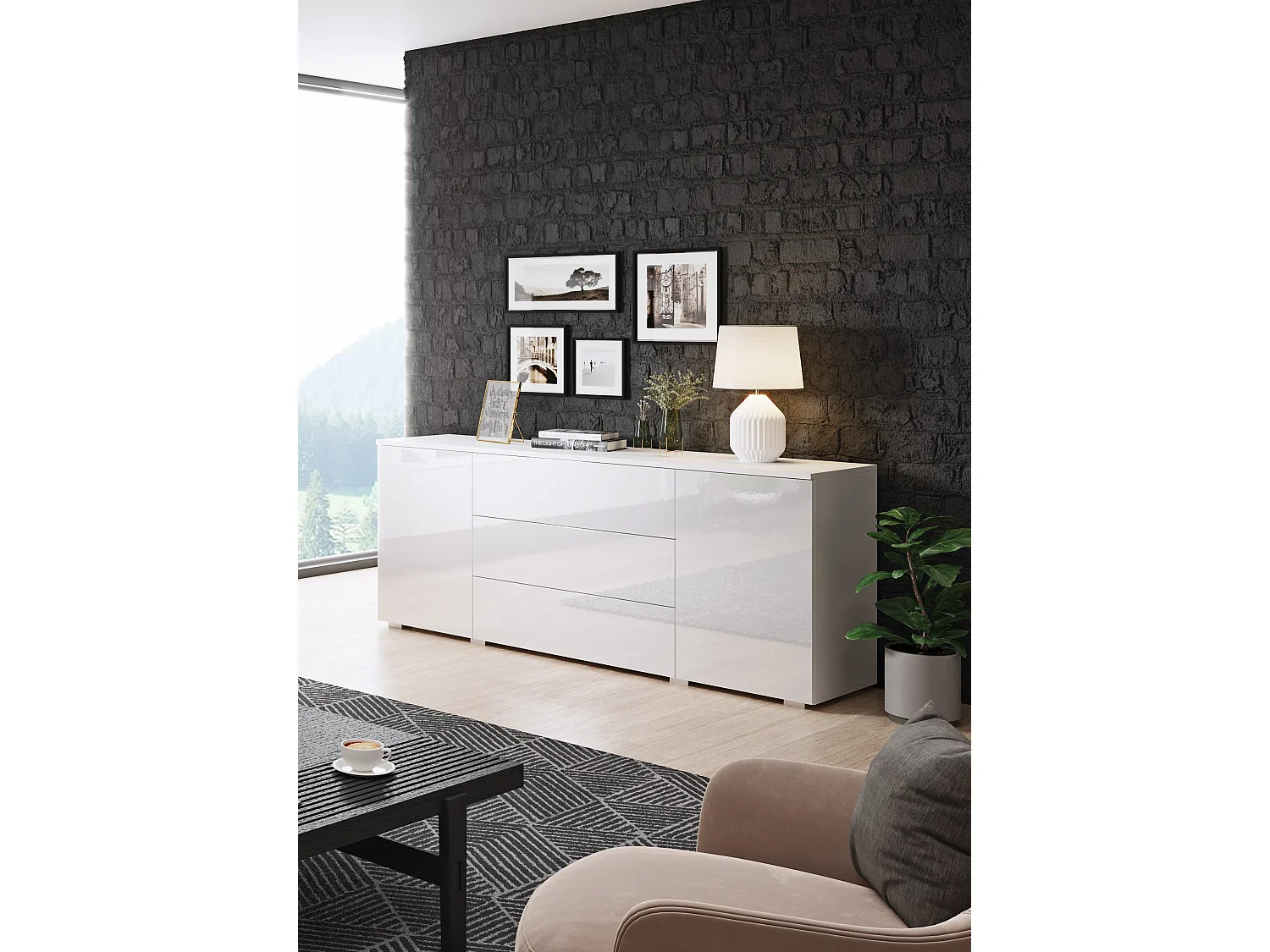 Buffet 150 cm pour salon – moderne avec tiroirs et portes, corps blanc mat et façades blanc brillant