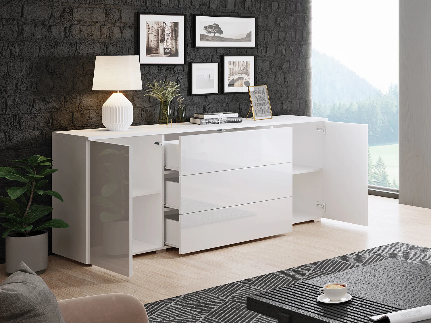 Buffet 150 cm pour salon – moderne avec tiroirs et portes, corps blanc mat et façades blanc brillant
