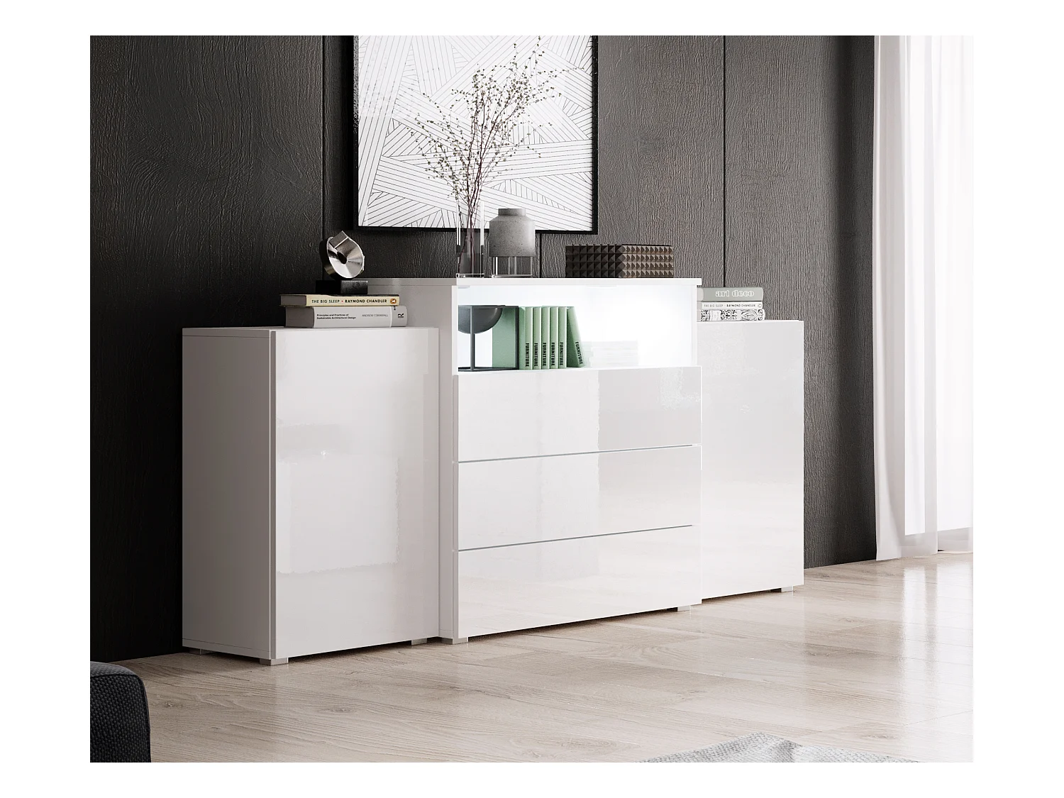 Dressoir 150 cm voor woonkamer – modern, staand met 3 lades, open vak en zijdeuren, corpus wit mat en fronten wit hoogglans